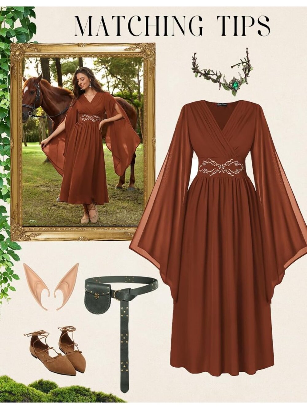 Women's Pumpkin Orange Bell Sleeve Wrap V Neck Medieval Imported Costume Dress - Picture 4 of 6